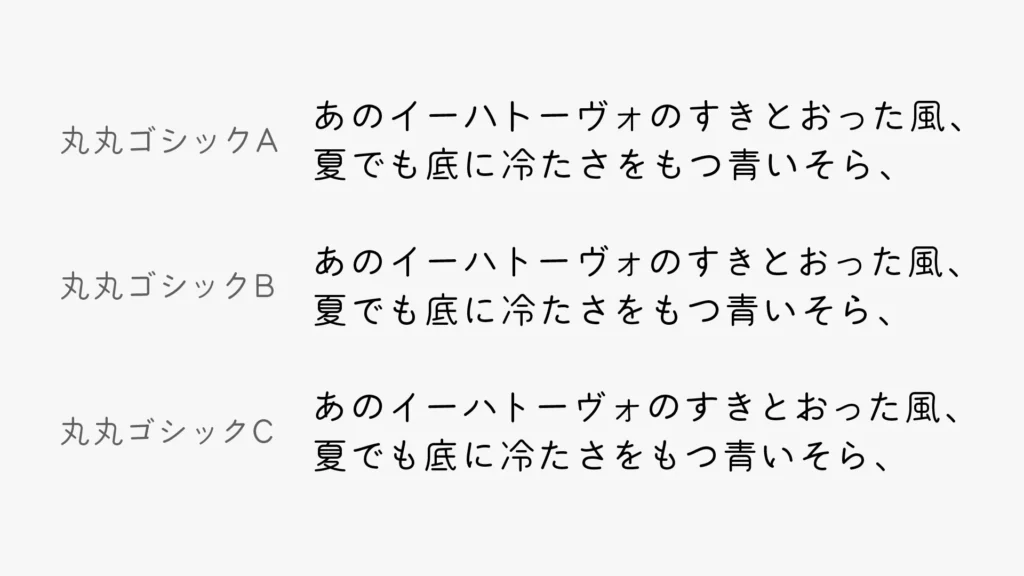 「丸丸ゴシックB」はよりベーシックなフォルムに、「丸丸ゴシックC」はよりクラシックで手書きっぽさが強いフォルム