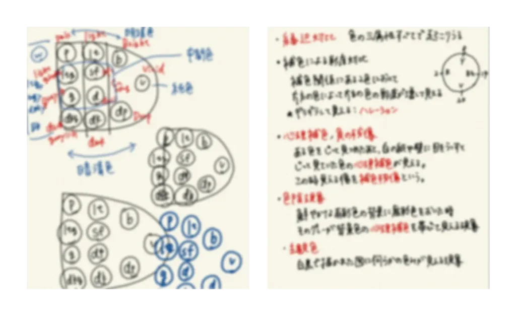 ノートに苦手箇所や色相環を記入したイメージ
